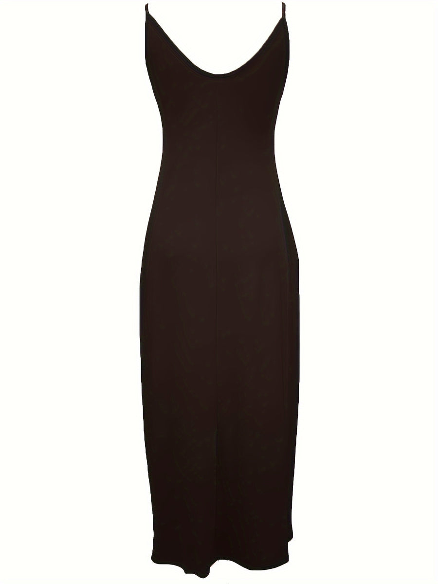 Oriented to European And American Foreign Trade Cross-Border New Women'S Long Dress, Slim And A-Line Solid Color Pattern Suspender Dress - Black