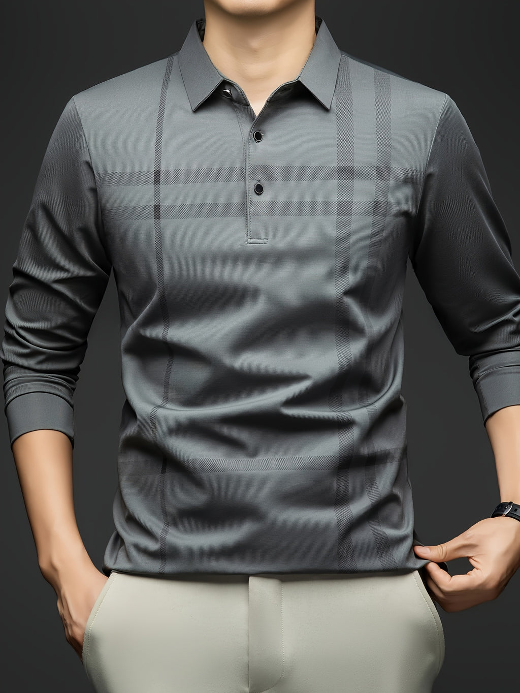 Men'S Striped Long Sleeve Shirt, Casual Commuter Versatile T-Shirt, Lapel Men'S Outdoor Athletic Wear, Easy Long Sleeve Lapel Business T-Shirt, Comfortable Breathable Middle-Aged Men'S Clothing - Bean Green