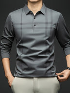 Men'S Striped Long Sleeve Shirt, Casual Commuter Versatile T-Shirt, Lapel Men'S Outdoor Athletic Wear, Easy Long Sleeve Lapel Business T-Shirt, Comfortable Breathable Middle-Aged Men'S Clothing - Bean Green