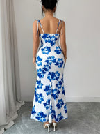Women'S Elegant Fashion Floral Print Cami Shoulder Tie Front Ruched Decor Strappy Bow Waist-Cinching Bodycon Thigh-Slit Dress, Gentle Vacation Style Suitable for Dates, Travel, Parties, Beach Getaways, And Commuting - Mixed colors