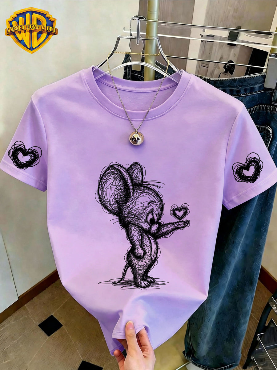 WB Women's Officially Licensed. Mouse & Hearts T-Shirt - Cute Mouse Sketch Short Sleeve Crew Neck Top with Double Heart Cuff Decorations, Casual Summer Suitable for Daily Commute, Home Wear, & Office Outfits - Violet