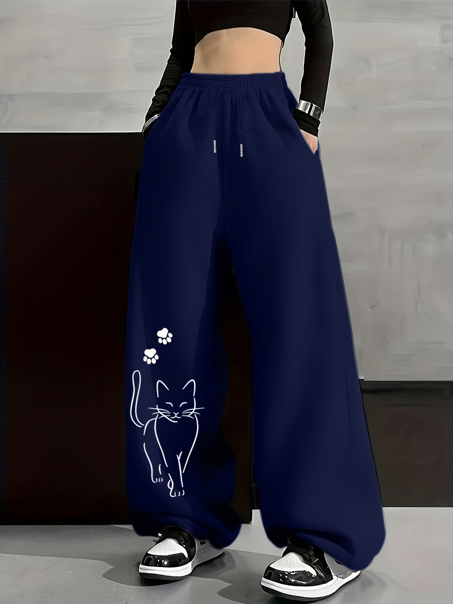 Autumn And Winter Fashion Casual Women'S Fleece-Lined Trousers, Solid Color Drawstring Waist Trousers, Casual Loose-Fitting Sweatpants, Women'S Fashion - Navy Color