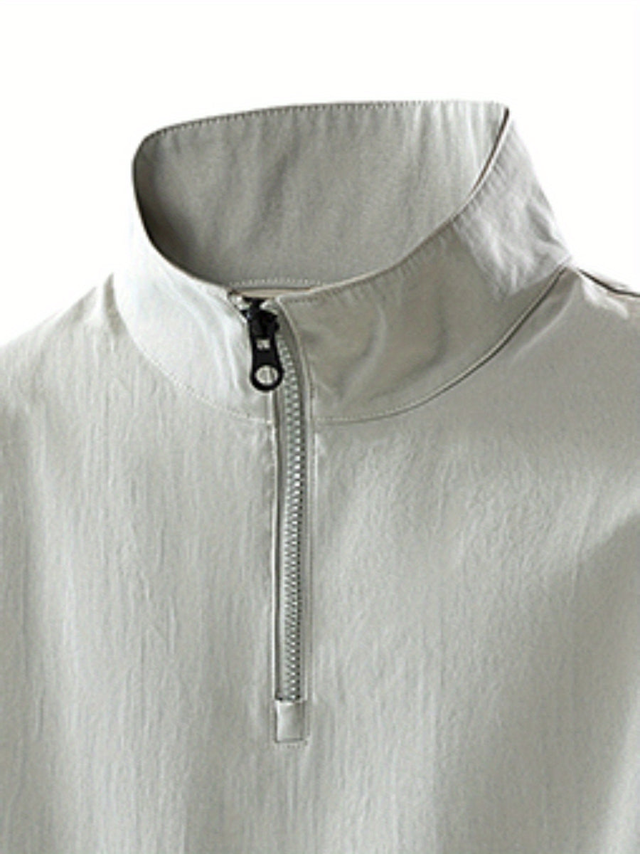 Summer New Versatile Stand-Up Collar Men'S T-Shirt Loose Thin Short Sleeve Half-Zipper Breathable Top - Light Grey
