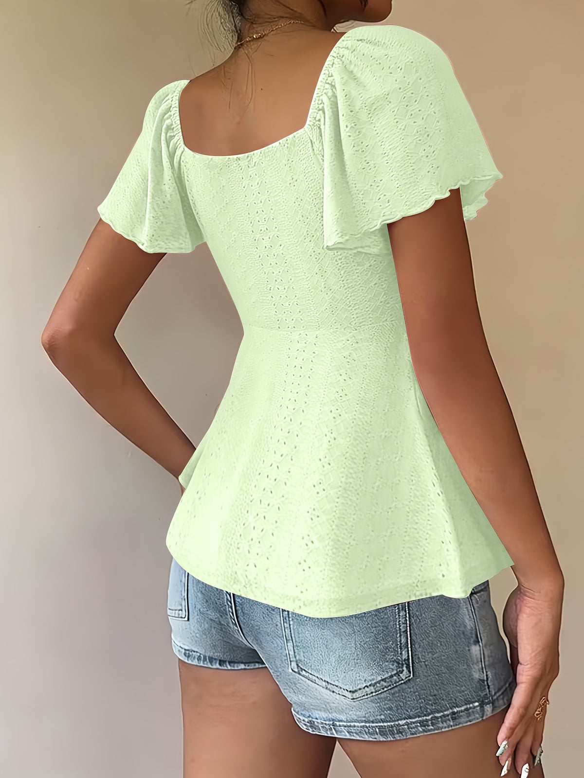 Fashionable and Elegant Spring/Summer New Arrival Y2K Solid Color Jacquard Comfortable and Breathable V-Neck Drawstring Short Sleeve Top Women's T-Shirt - Greenish Yellow