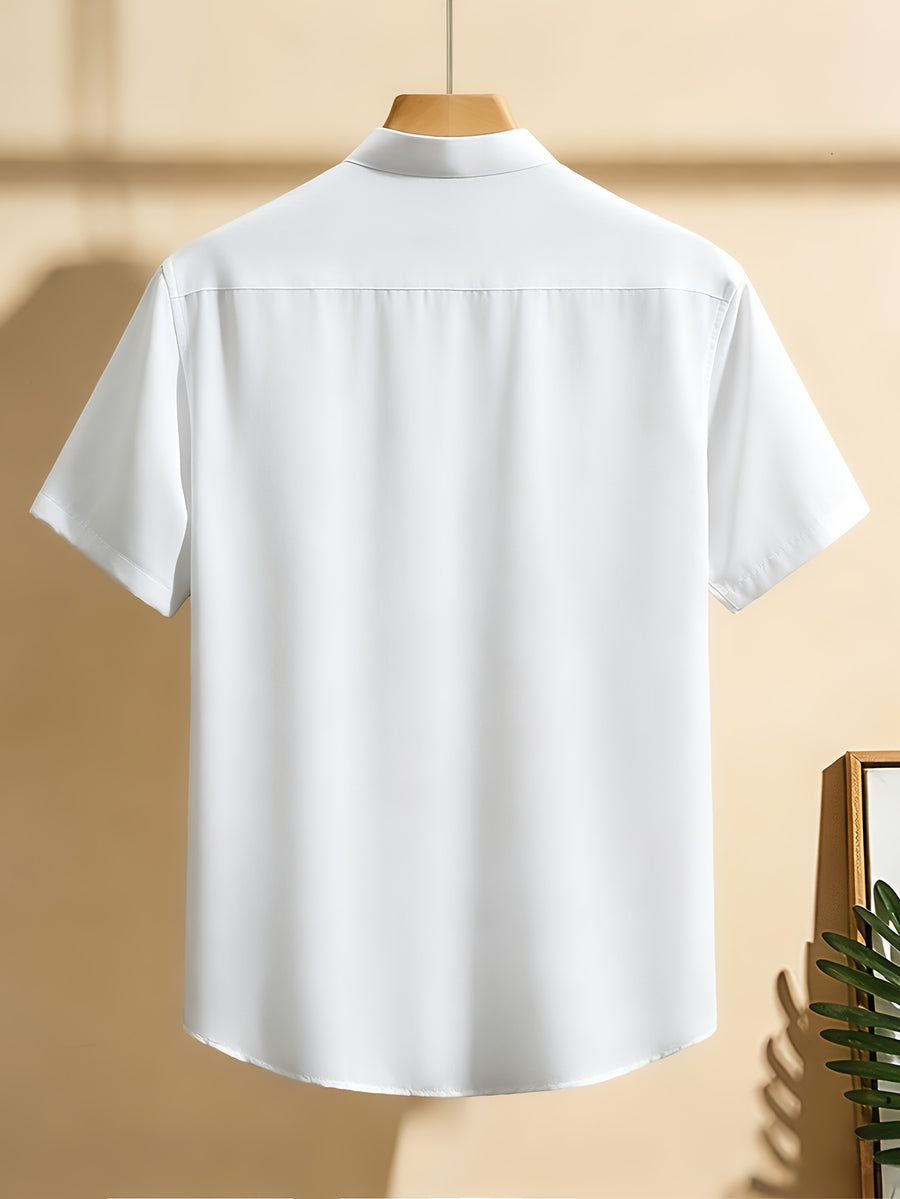 Men's Short-sleeve Shirt, Made with Natural Bamboo Fiber Fabric, Featuring a Henley/stand-up Collar Design, Versatile for Casual Wear - White