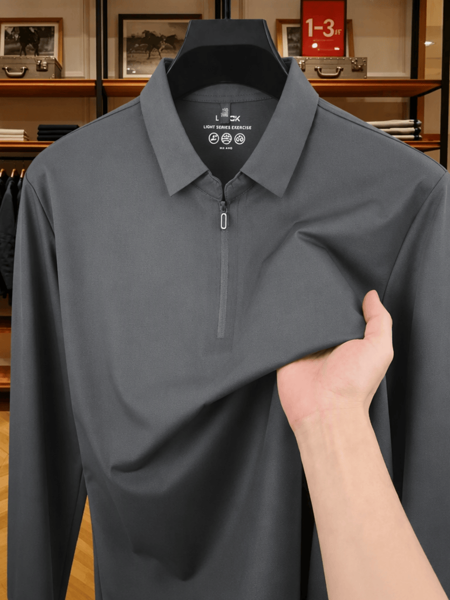 Men'S Thin Loose Zip Collar Lapel Long Sleeve Polo Shirt Skin-Friendly Non-Iron Business Casual Top for Spring Autumn Daily Commute Layering Outfit for Middle-Aged Dad, Suitable for Golf, Fishing, Tennis, Outdoor Sports - Grey