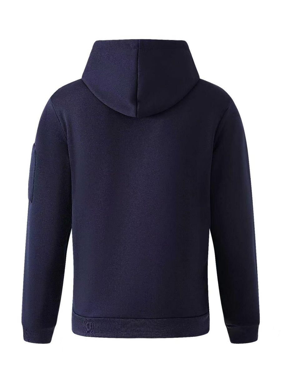 American-style Casual Men's Pullover Hoodie with Half-zipper Neckline, Utility-style Multi-pocket Design, "GYM" Fitness Letter Print, Simple, Stylish, and Versatile Long-sleeve Sweatshirt - Navy Color