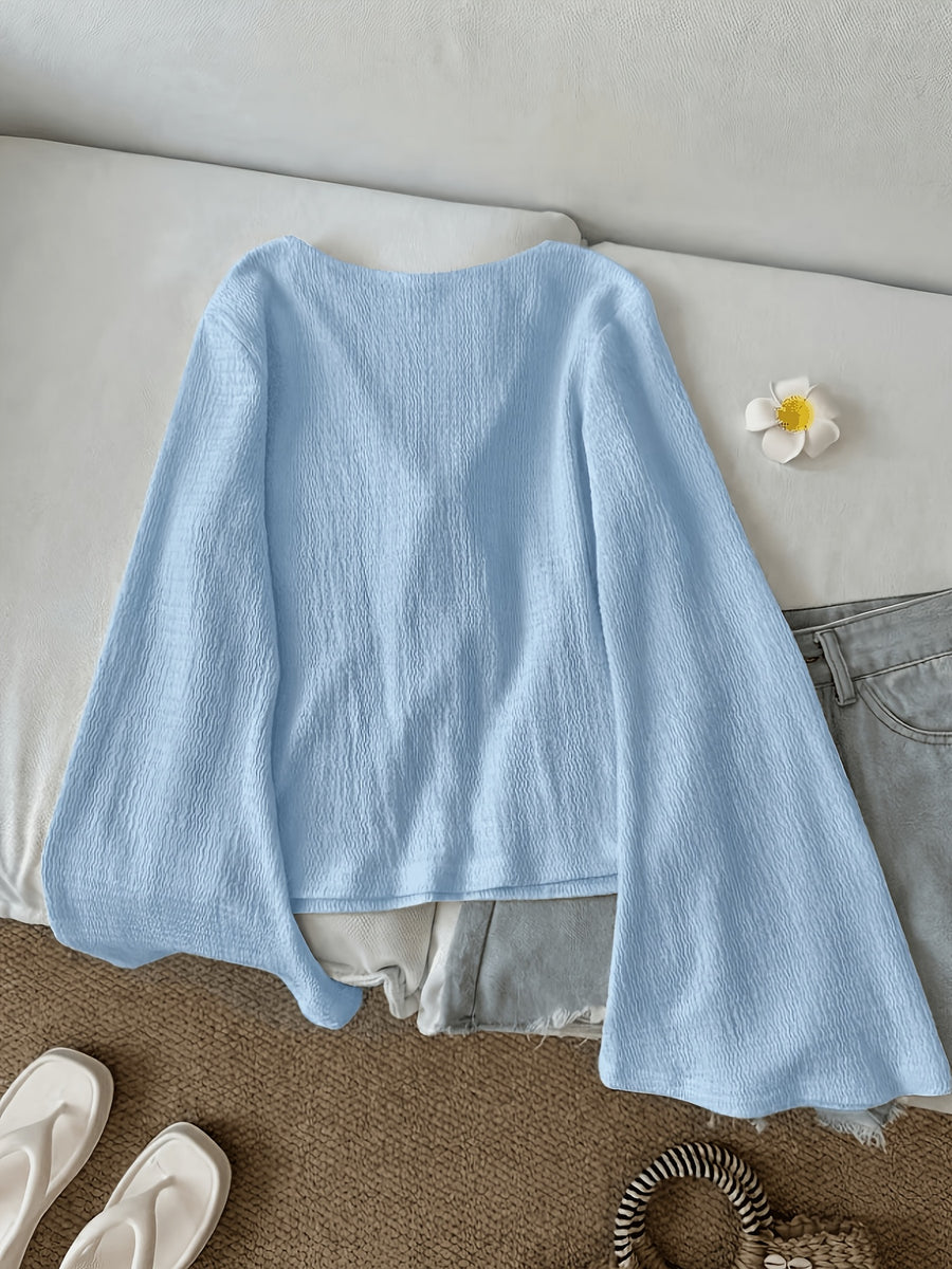 Solid Color Front-Tie Bow Open-Front Fashion Flared Sleeve Blouse New Women'S Short Top - Light Blue