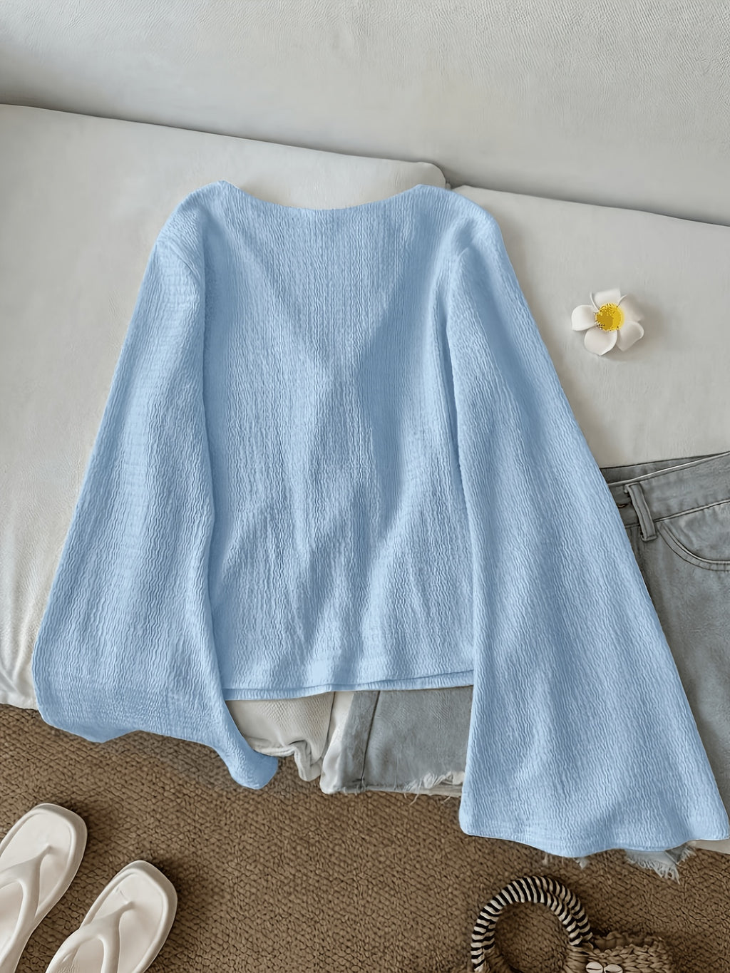 Solid Color Front-Tie Bow Open-Front Fashion Flared Sleeve Blouse New Women'S Short Top - Light Blue