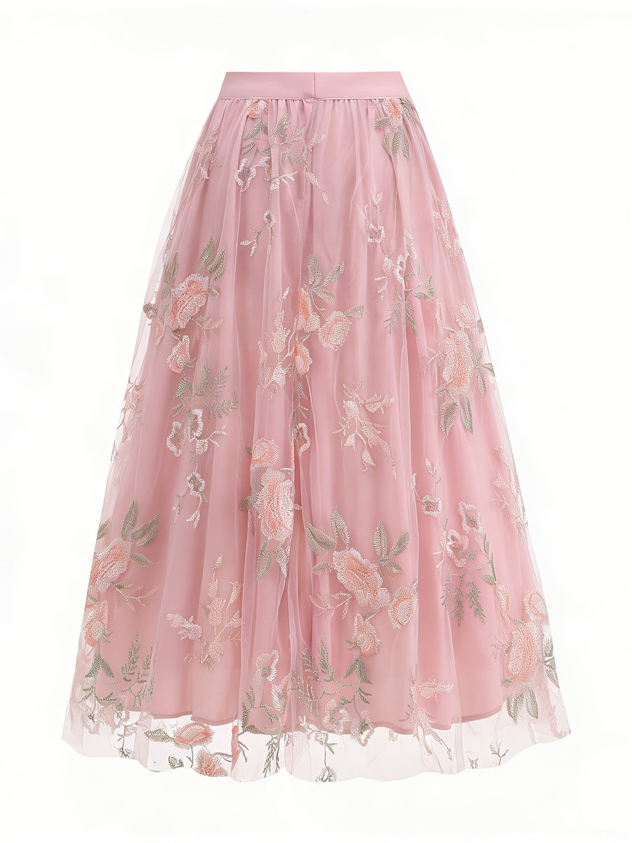 Women'S Elegant Mesh Embroidery Retro Versatile Party Midi Skirt - Pink