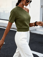Women'S New Spring Summer Off-Shoulder Short Sleeve Basic Solid Color Casual Elegant Women'S Top - Olive Green