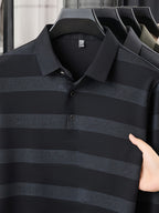 Multi-Color Striped Polo Shirt for Men, Micro-Velvet Long Sleeve Polo, Button-Up Collar 3-Button Pullover Top, Smooth Soft Skin-Friendly Fabric, Business Commute Travel Top, Fishing Home Daily Loose Casual Men'S Clothing - Navy Color
