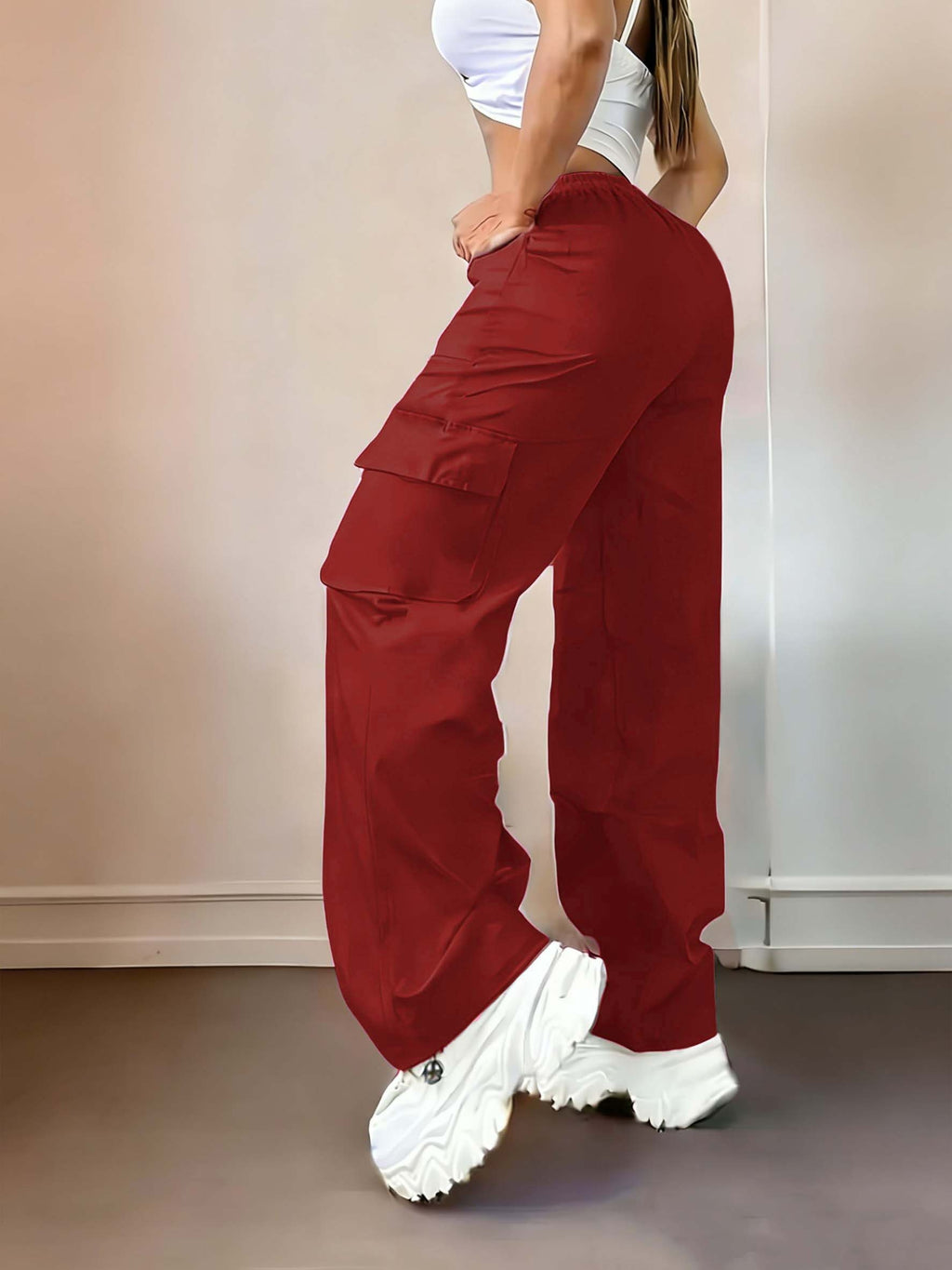 D355- Women'S Casual Pants, Creative Design Floral Print, Fashionable Cargo Pants-Why1526 - Red
