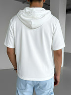 Men's Matte Solid Color Full-Zip Short Sleeve Hoodie, Swagger Style for Cool Guys, Floor-to-Ceiling Window Indoor Outfit with Ripped Shorts, Casual Jacket 2HLT79 - White