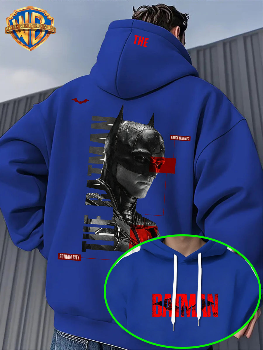 Warner Men'S Autumn Winter Hoodie, Batman Theme Print Trendy Sweatshirt, Gotham City Series Athletic Preppy Design, Unisex Street Fashion Item for Casual Wear And Leisure Travel, Popular Element Enhancement - Blue