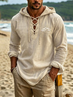 Men'S Linen Long Sleeve Hooded Top, Mountain Scenery Print on Chest for Statement Piece, Cross-Strap V-Neck Design with Curved Hem, Ideal for Beach Trips And Short Stays - Apricot
