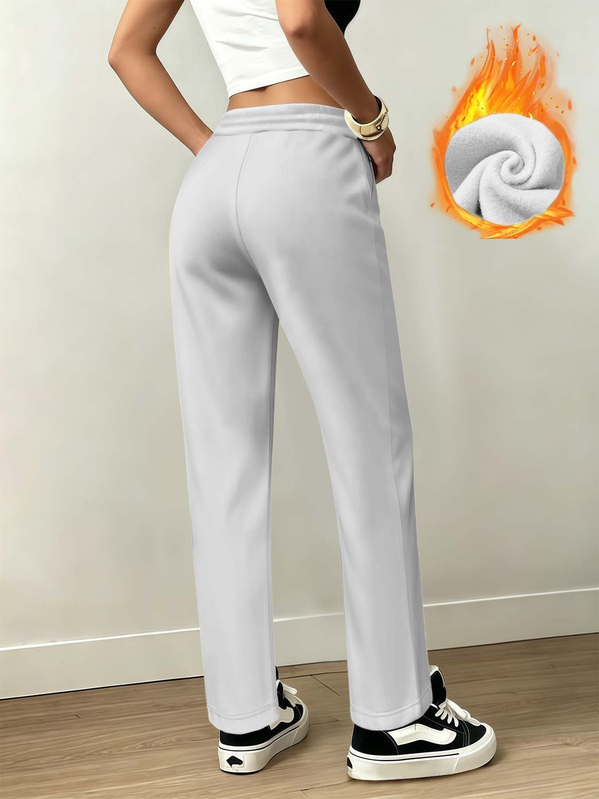Lazy Atmosphere Women'S Fleece-Lined Sweatpants, Loose Straight Fit, Warm And Non-Porous Casual All-Match Autumn Winter Trousers - White