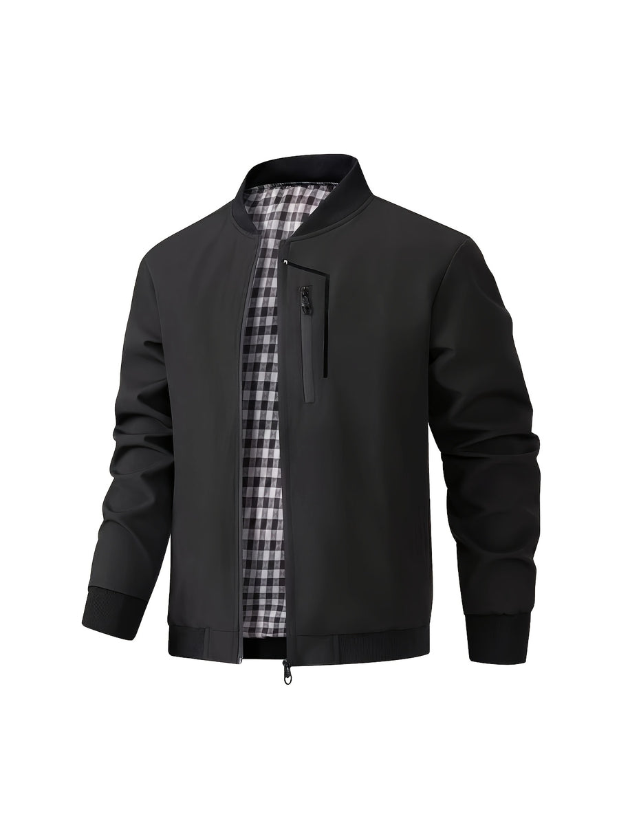 Holiday Gift Choice for Dad 1pc Men'S Black Windproof Solid Polo Metal Zipper Head Slant Pocket Biker Style Spring Autumn Slim Fit Commuter Casual Jacket - Black