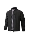 Holiday Gift Choice for Dad 1pc Men'S Black Windproof Solid Polo Metal Zipper Head Slant Pocket Biker Style Spring Autumn Slim Fit Commuter Casual Jacket - Black