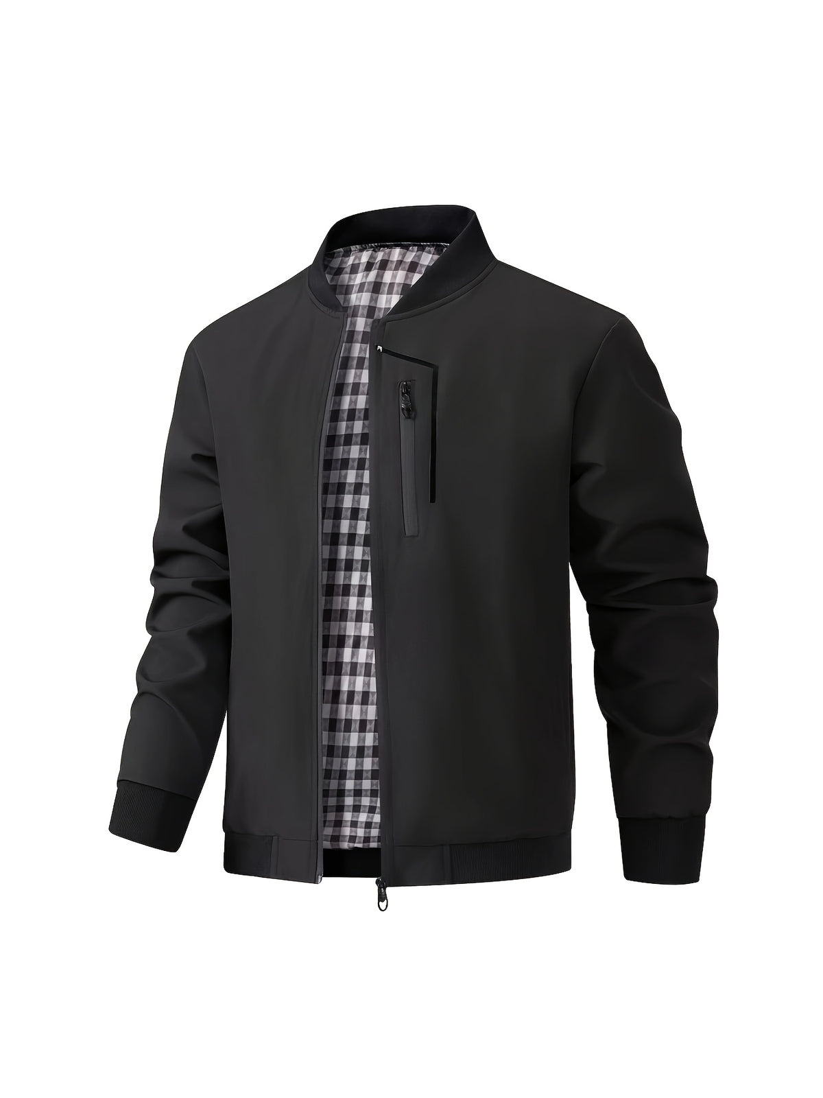 Holiday Gift Choice for Dad 1pc Men'S Black Windproof Solid Polo Metal Zipper Head Slant Pocket Biker Style Spring Autumn Slim Fit Commuter Casual Jacket - Black