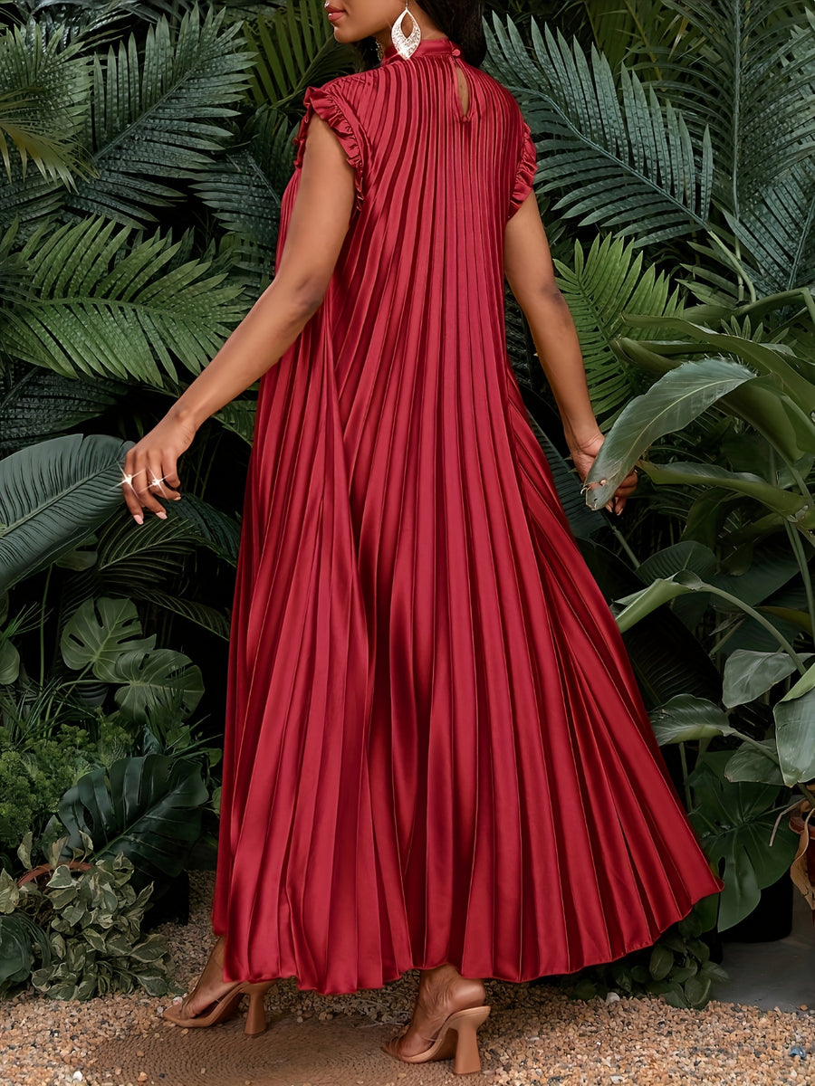 Satin Pleated Flutter Sleeve Long Women's Dress, Bridesmaid Dress, Loose Fit, Casual, Vacation, Elegant, Party, All Seasons, Birthday, Event Gown, Office Dress, Spring/Summer Dress - Burgundy