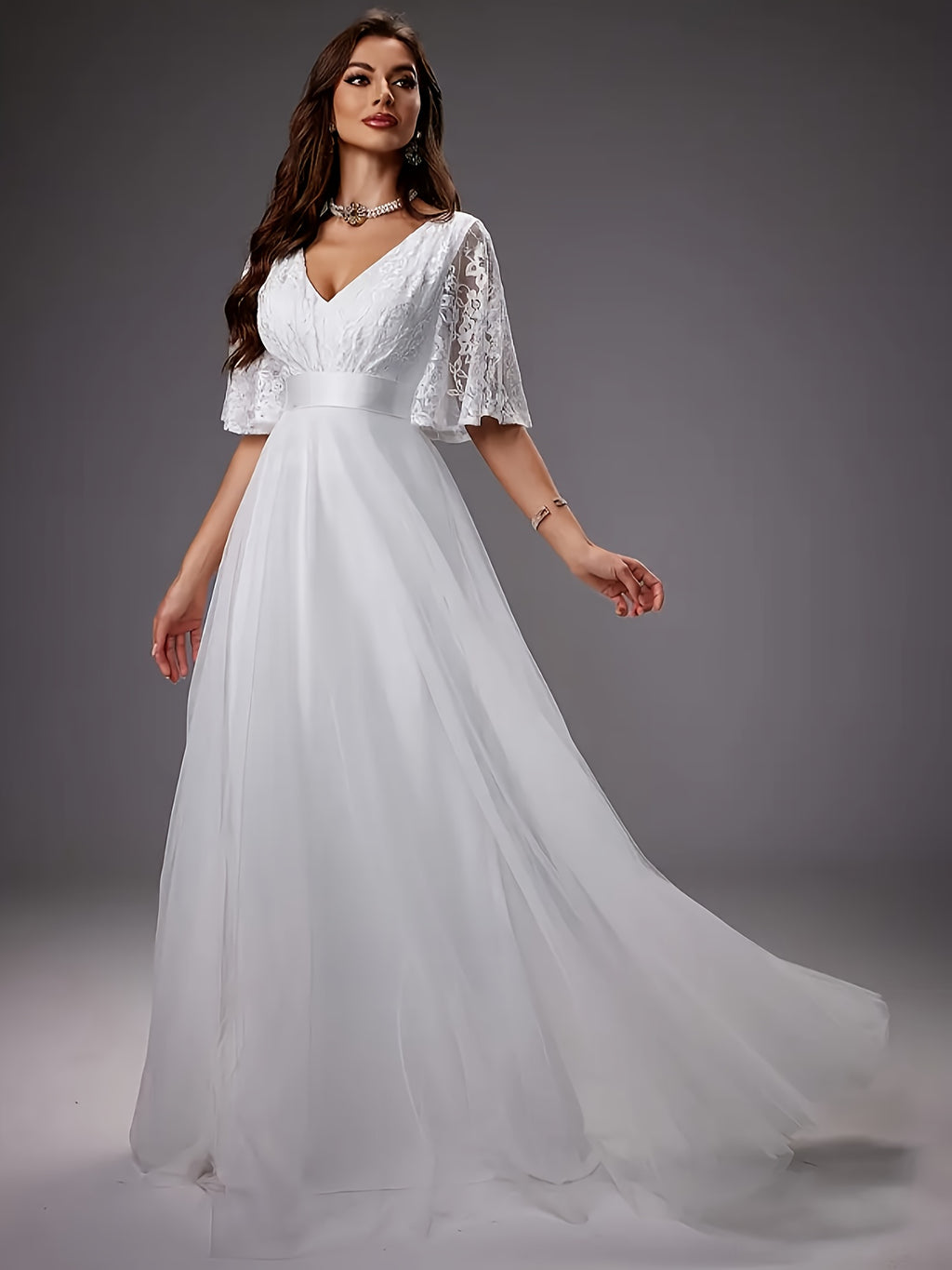 Ladies V-Neck Lace Embroidered Spliced Large Skirt White Mesh Elegant Wedding Dress Gown Dress - Beige