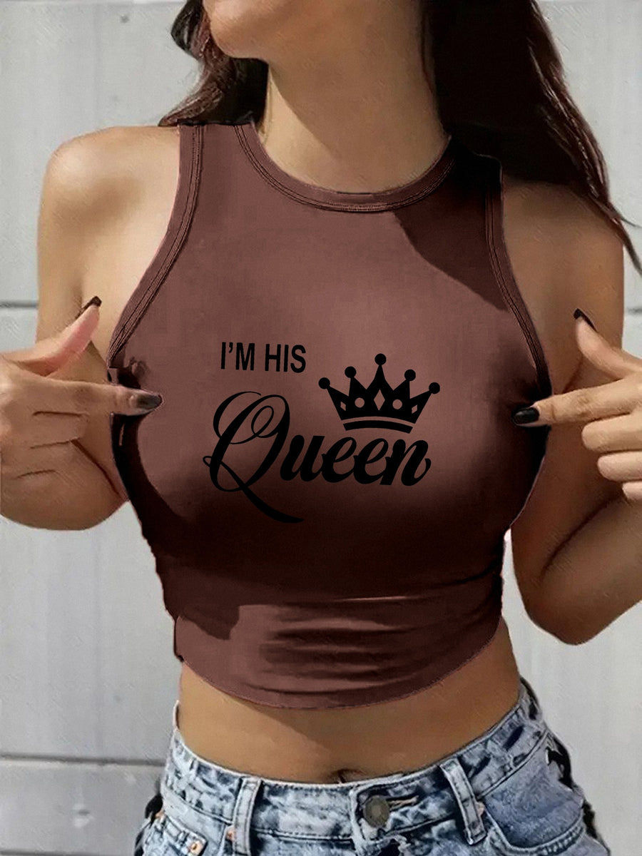 2025 New Trendy Elements Women'S Y2K Fashion Autumn And Summer Popular Retro Round Neck Sleeveless Vest Featuring "Letters, Numbers, Warm Slogans, Messages, And Personal Statements" Printed Patterns. Easy And Stylish, Cute And Sweet - Coffee Brown