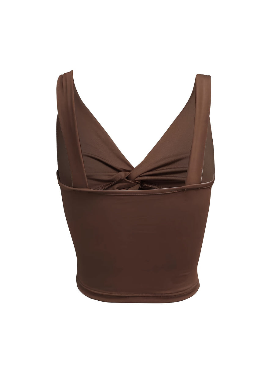 Spring Summer New Vest with Feminine V-Neck Hollow Out Exposed Navel Twist Small Vest Top - Dark Brown