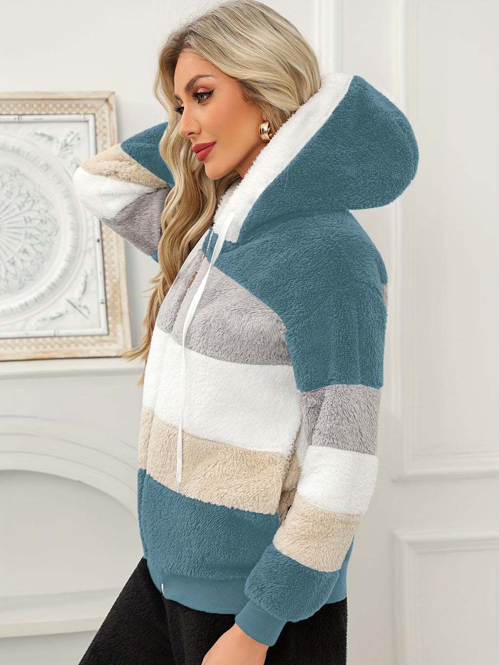 Women'S Warm Fleece Color Block Hooded Jacket Zip Up Chunky Plush Coat with Pockets Casual Loose Fit Winter Outerwear Soft Fluffy Jacket Multiple Colors Available - Peacock Blue