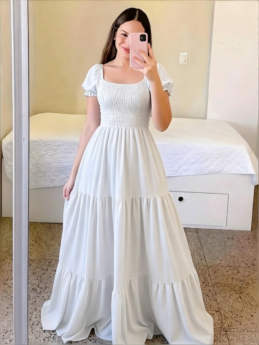 Four-Season Suitable Dress, Y2K Women's New Solid Color Square Neck Tie-Back Long Dress, Suitable for Streetwear, Commuting, Parties, Social Events, Vacations, Christmas, New Year, Valentine's Day, Women's New Clothing M186 - White
