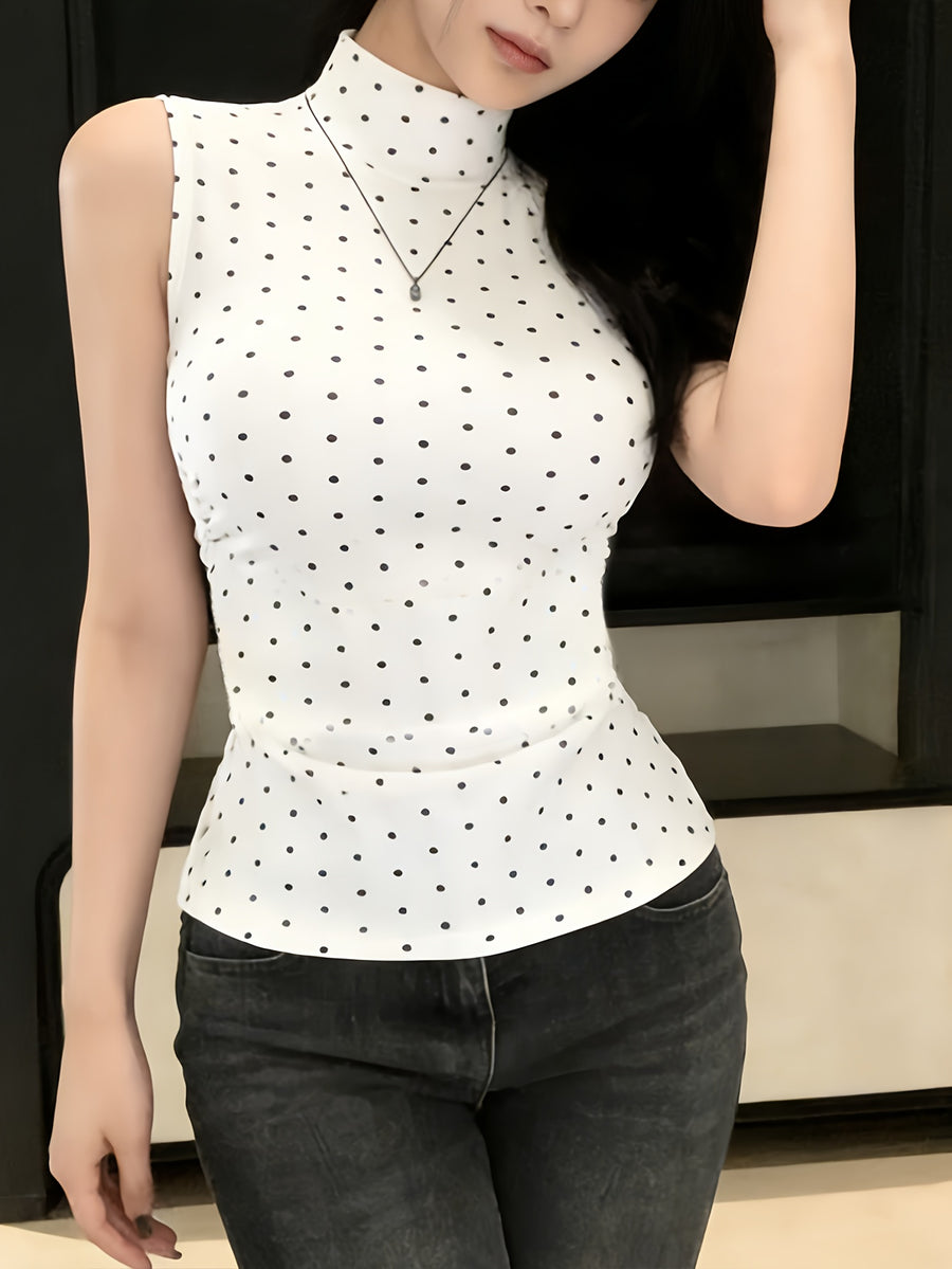 Single Piece Fashion Polka Dot Sleeveless High-Neck Vest, Comfortable And Soft, Suitable for Spring And Summer Festive Wear, Easy Casual Versatile Daily Commute Outfit - White