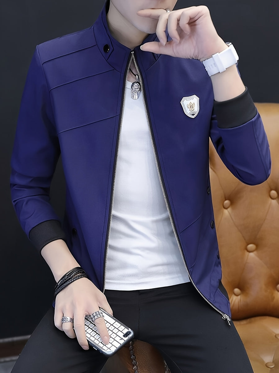 Men's Slim-Fit Stand Collar Jacket - Elegant Beige Polyester with Black Accents, Casual Business Style for Spring and Fall, Stylish Layering Piece | Zipper Closure Jacket | Tailored Fit - 10602 Badge - 888 Navy Blue