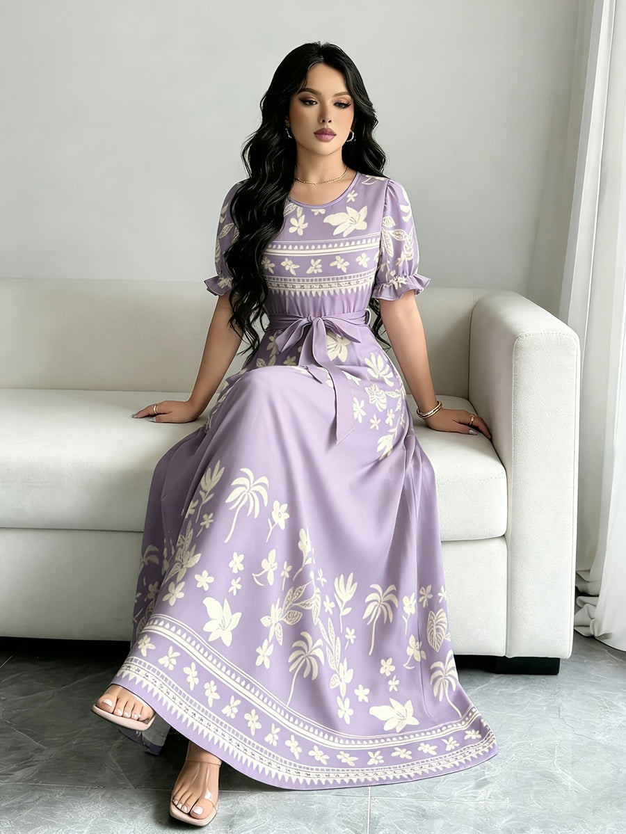 Holiday Gathering Vacation Dress Printed Dress Women'S Fashion Round Neck Short Puff Sleeve Skirt Design with Belt Waist-Cinching Long Dress Elegant Summer Dress ASD1 - Light Purple