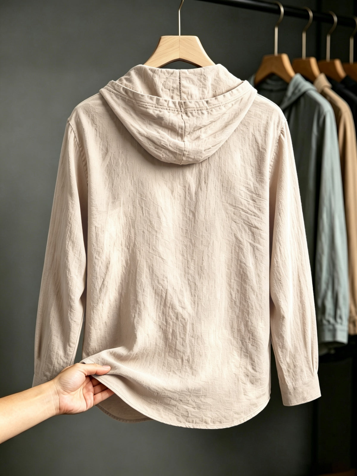 2pcs Men'S Linen-Like Hooded Henley Long Sleeve Sweatshirt Set, Breathable Thin Solid Color Half-Open Placket Casual Pullover Henley Shirt, Soft Comfortable Textured Fabric Fresh And Non-Stuffy, Loose Slimming Versatile Fit - 2pcs【Apricot + Army Green】