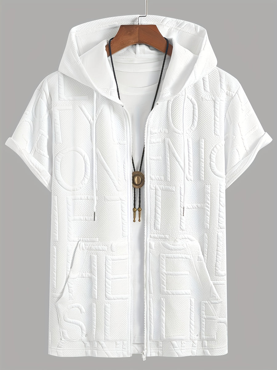 Men'S Short-Sleeved, Letter Print Hooded T-Shirt, Comfortable And Breathable with Zipper Short Sleeves, with Kangaroo Pocket Suitable for Outdoor Adventures, The Best Gift for Family - White