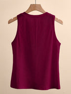 Women'S Summer New French Elegant Fashion Easy Button-Decorated V-Neck Solid Color Ribbed Sleeveless Vest - Burgundy