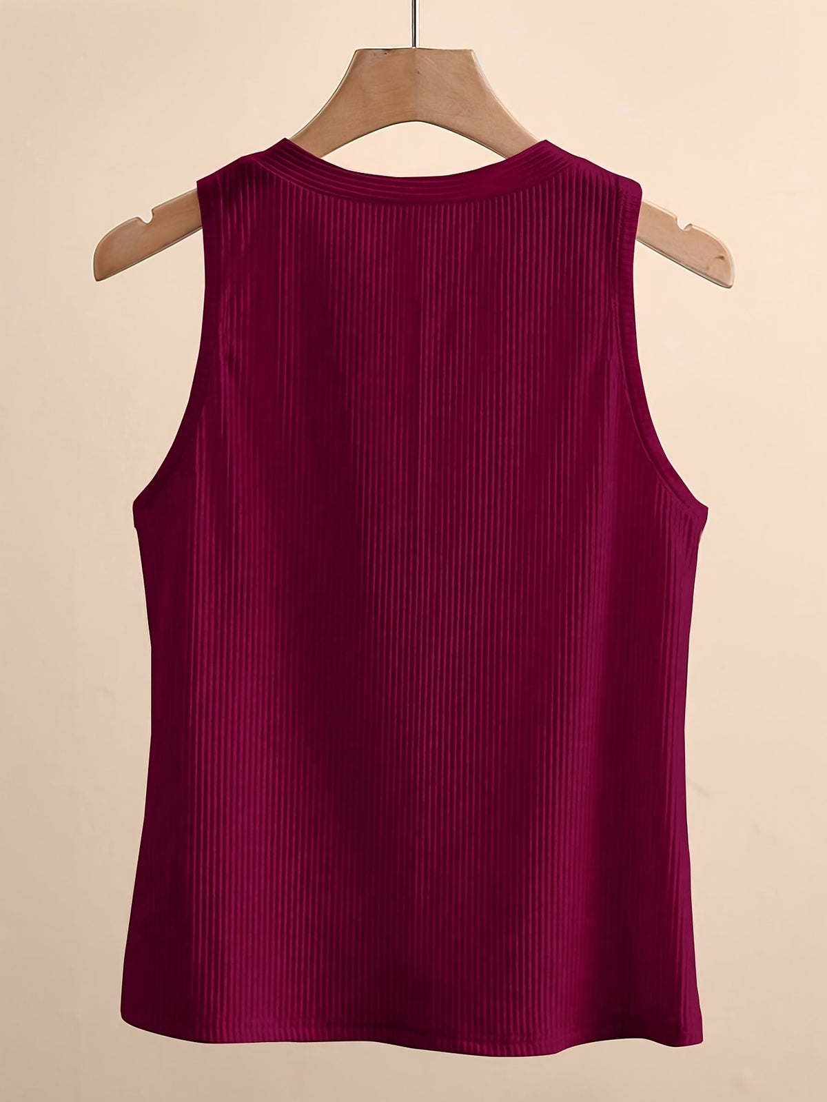 Women'S Summer New French Elegant Fashion Easy Button-Decorated V-Neck Solid Color Ribbed Sleeveless Vest - Burgundy