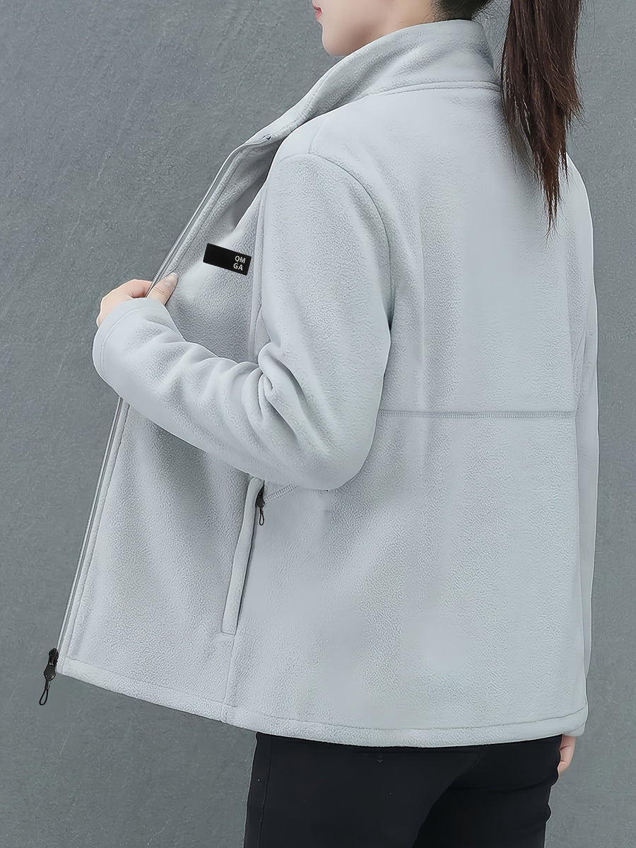 Autumn/Winter Women's Stand Collar Zipper Cardigan, Warm Jacket, Versatile Commuter Outdoor Top - Silvery Grey