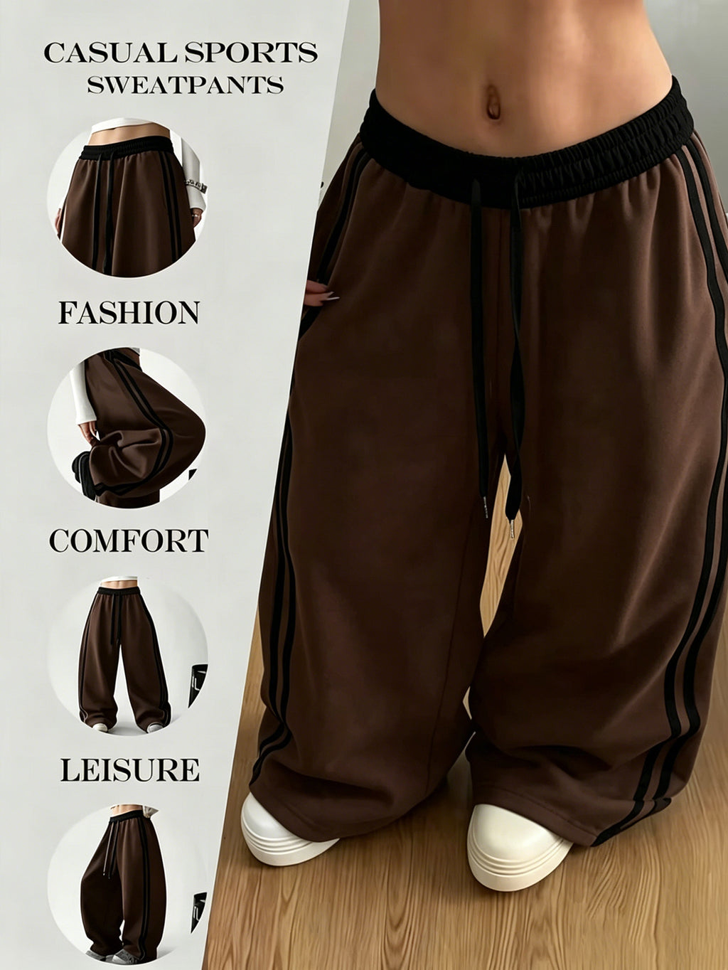 Street-style Color-block Striped Elastic Waistband Sweatpants, Loose-fitting, Figure-flattering, Drapey, and Relaxed-style Wide-leg Casual Trousers - Coffee Brown