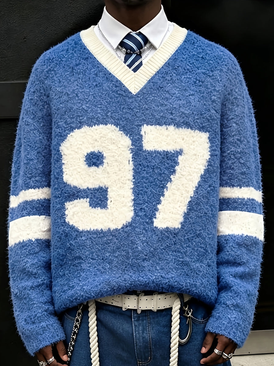 New Autumn/Winter Men's Knitted Sweater, American-Style Color Block V-Neck with Three-Dimensional Digital Jacquard Design, Long Sleeve Striped Fashionable Loose Fit Casual Streetwear Pullover, Suitable for Holiday Parties, Trendy Brand Hip-Hop Style - Royal Blue