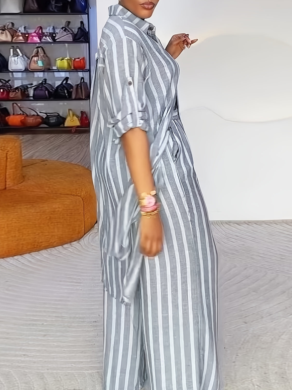 YYTT Women's Spring/Autumn Elegant Daily Casual Striped Print Lapel Long Sleeve Long Shirt and Elastic Waist Wide-Leg Long Pants 2pcs Set - Slate Grey