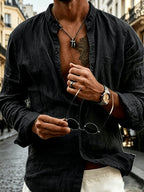 [Know And Give OBM] 2pcs Men'S Small Lapel Long Sleeve Shirt Set, Breathable Button-Up Casual Top, Lightweight Solid Color Thin Shirt, Suitable for Summer Daily Beach Wear - Black+Light Blue