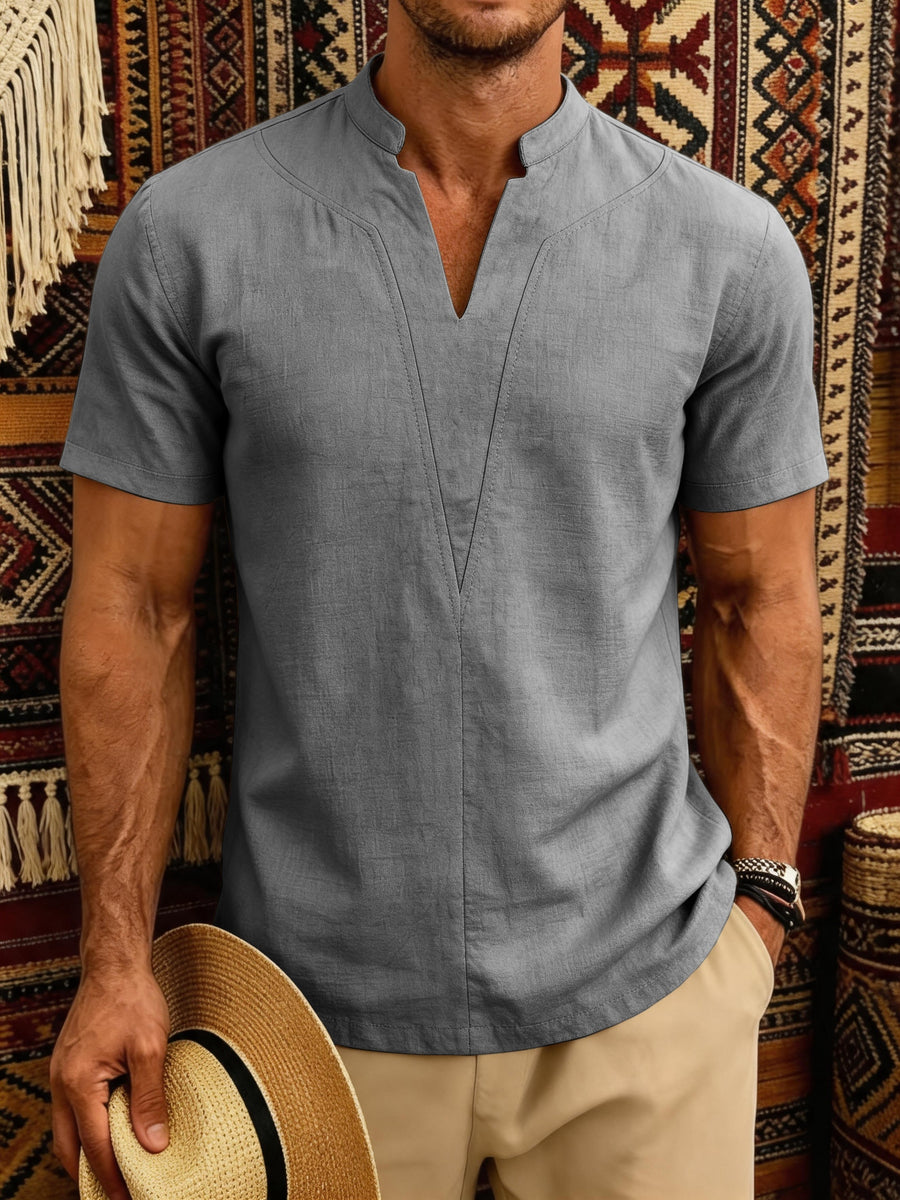 Men's Lightweight Linen Shirt Short Sleeve Summer Top - Breathable Relaxed Fit Stand Collar Beach Suitable for Travel, Resort Wear, Casual Vacation, Machine Washable Solid Color for Holiday Daily Outfit - Grey