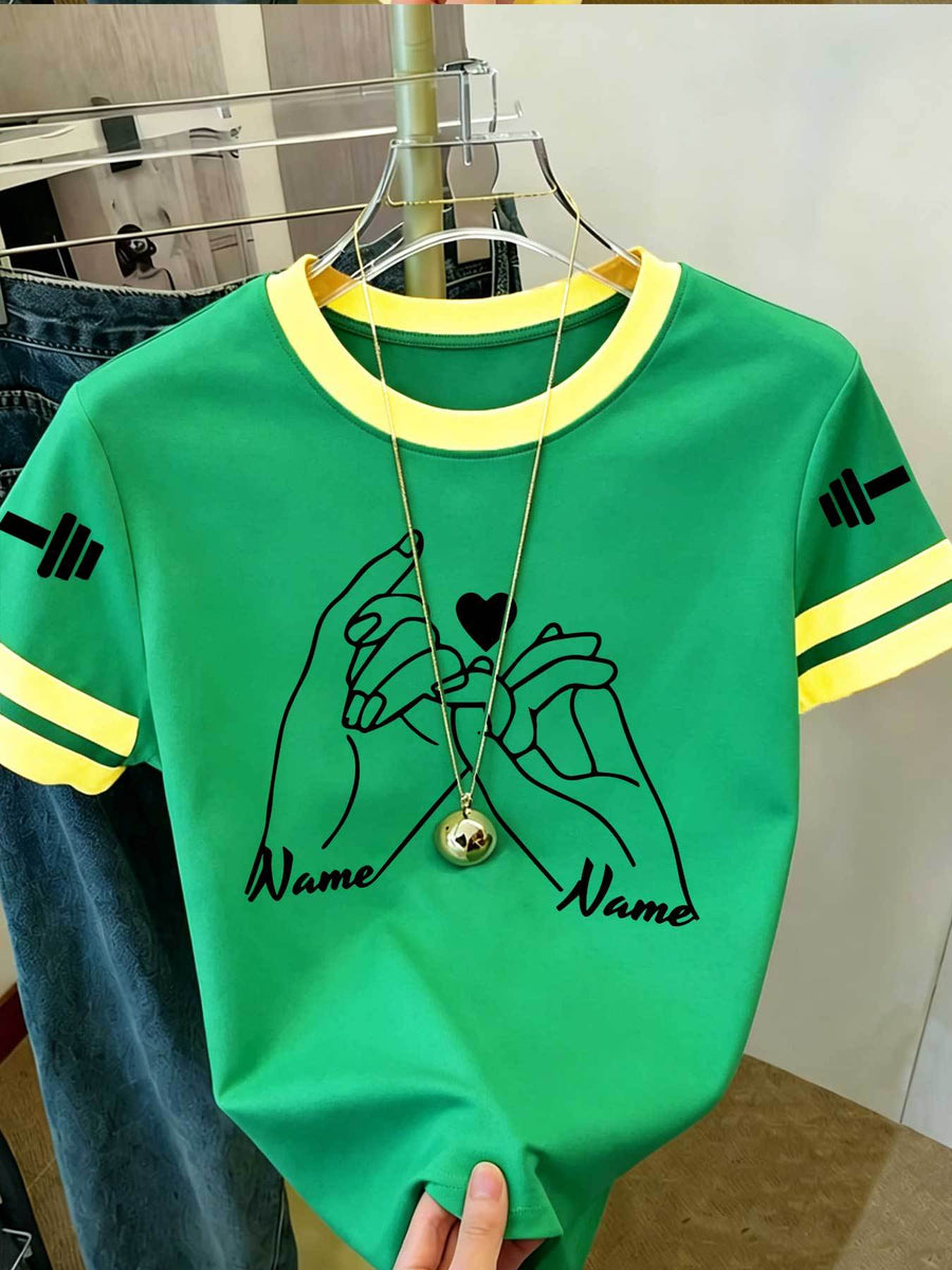 20pcs Women's Colorblock T-Shirt Single Piece, Hand-Drawn Line Art Couple Holding Hands with Heart Print, Colorblock Summer Sleeve Crew Neck Short Sleeve T-Shirt - Breathable Crew Neck Casual Sport Top, Loose Fit Spring Festival Trendy Apparel - Green+Yellow