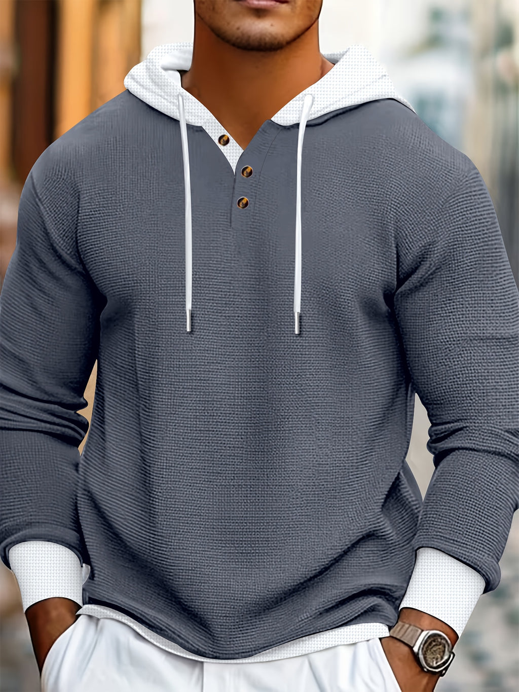 Men'S Casual Sports Hooded Shirt Fashionable Sweater Contrast Color Stitching Spring Long-Sleeved Outdoor Versatile Two-Piece T-Shirt - Navy Blue+Grey