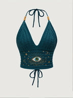 New Women'S Ethnic Style Textured Brocade Embroidery Design Halter Neck Vest - Green