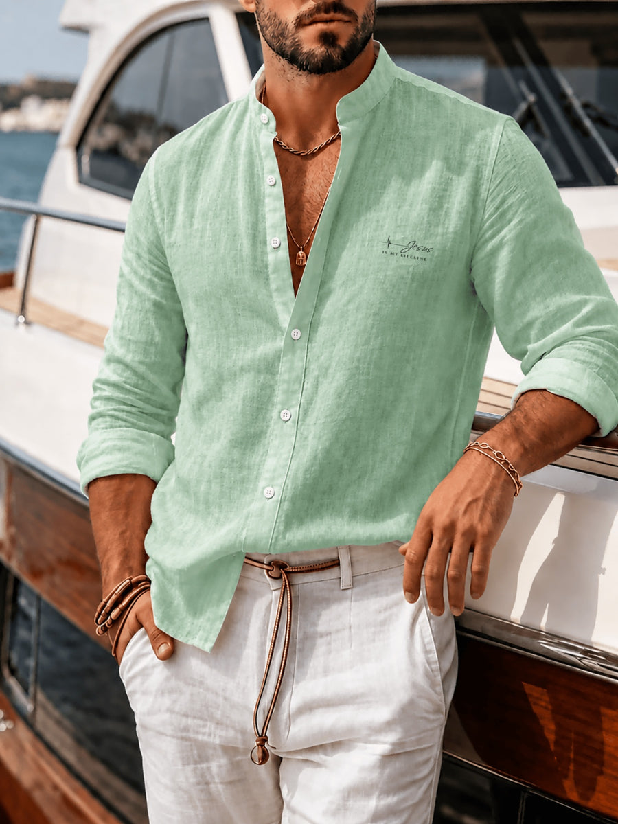 Men'S New Style Faux Linen Stand Collar Button-Up Shirt - Literary, Introverted, Fashionable, Versatile, Relaxed Texture, Trendy Loose Fit - Suitable for Beach, Vacation, Office, Formal And Casual Wear - Light Green