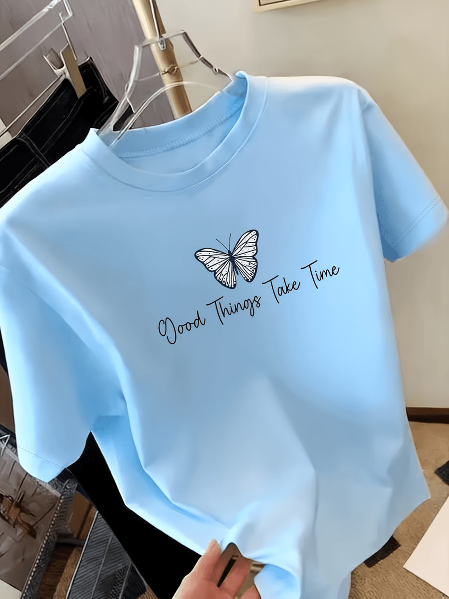 Women'S Short-Sleeve T-Shirt Printed with Blue Butterfly Patterns And The Text "Good Things Take Time". Made of, This Casual Top Comes in Multiple Sizes, Soft for Everyday Wear And Suitable for Outdoor And Daily Leisure - Deep Sky Blue