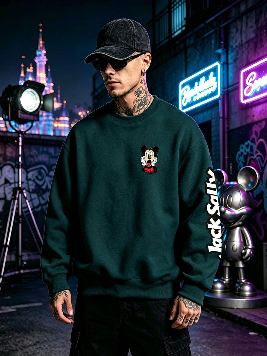 Halloween Sweatshirt, Men's Autumn/Winter Long-Sleeve Top, Casual and Versatile Sweatshirt, "Disney" Mickey Mouse Scared Face Print Men's Apparel, Perfect for Holiday Outfits, Daily Wear, and Party Attire - Blackish Green