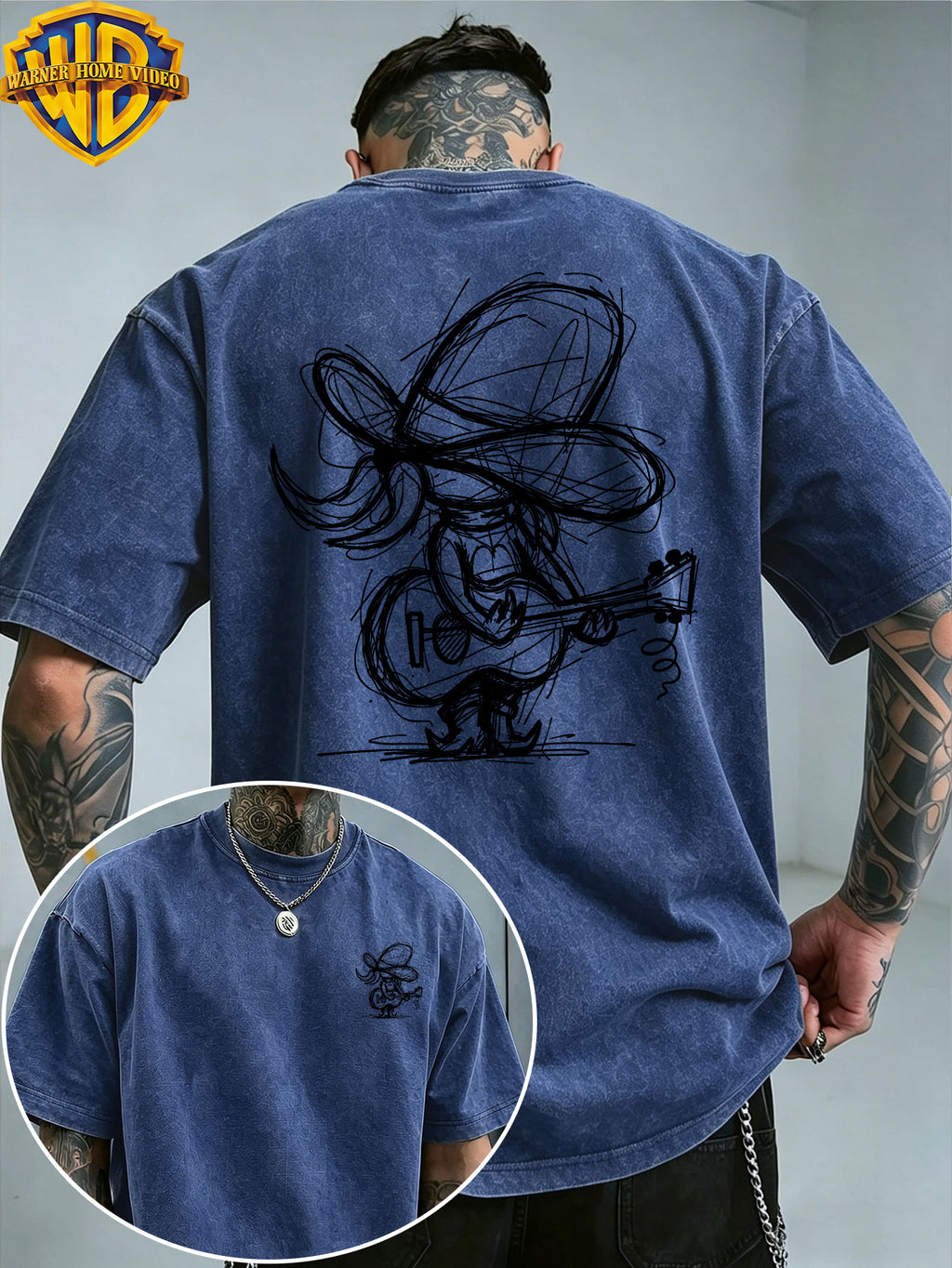 [Warner Bros] Official Authorization, Guitar Playing Denim Print Design, American Retro Washed Distressed T-Shirt, Outdoor Sports Casual Clothing, Daily Commuting, Machine Washable - Royal Blue